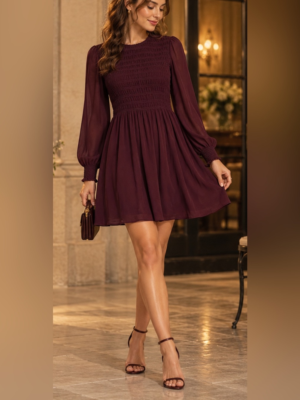 Madewell $148 NWT Smocked Mini Dress Dark Pomegranate Size S